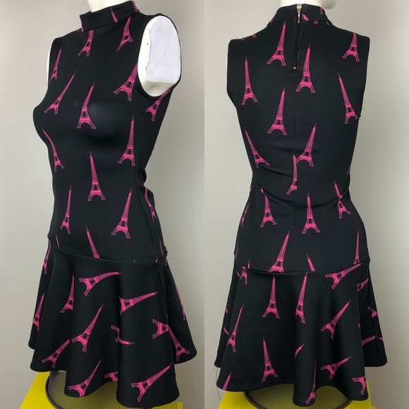 H&M Black Sleeveless Funnel Neck Eiffel Tower Print Fit & Flare Dress Size XS - Picture 2 of 10